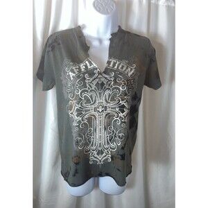 Affliction Saint German Women’s T-shirt Size S Y2K Retro Charcoal Black